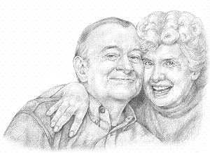 Drawing of happy older Caucasian man and woman, cheek to cheek